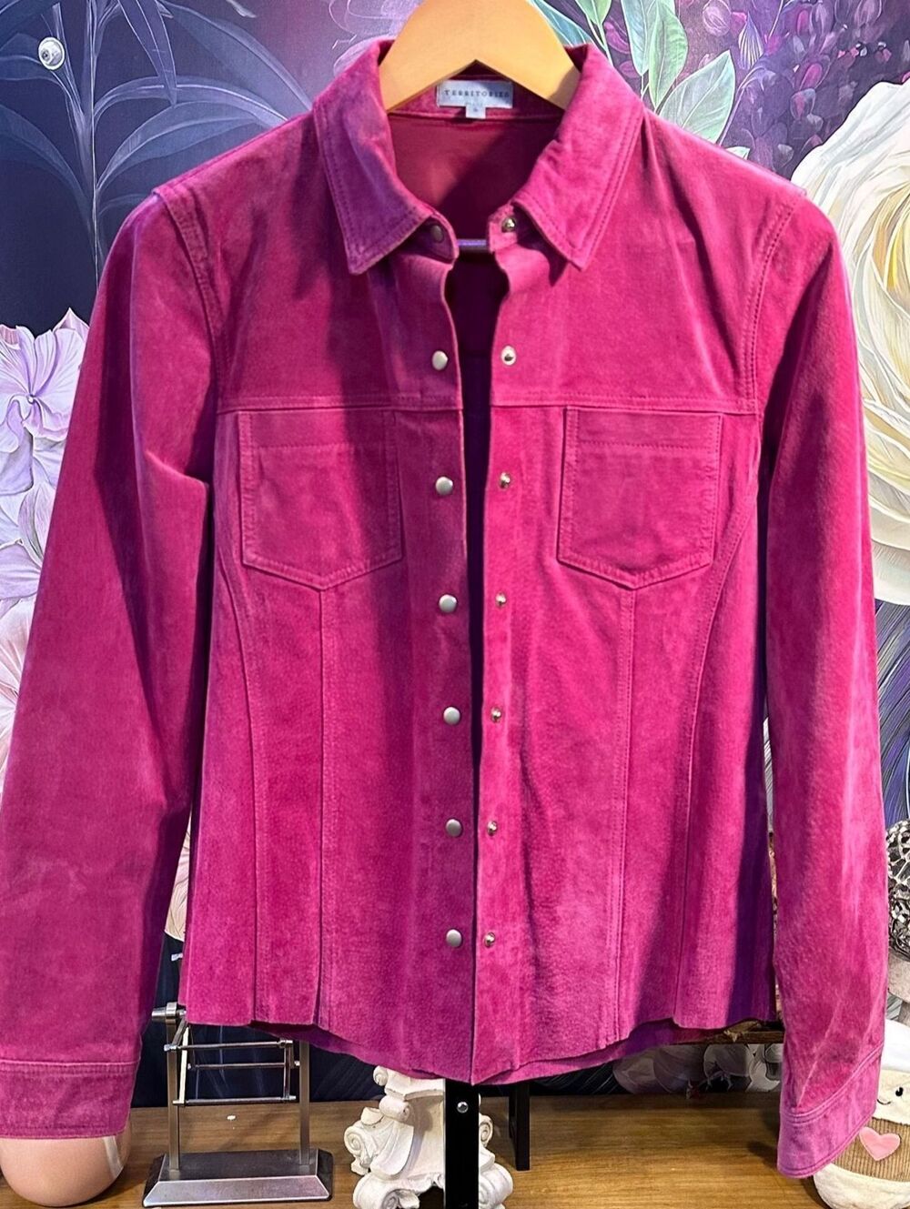 Territories S 100% Leather Shirt Jacket Magenta Suede Snap Front Western Shacket
